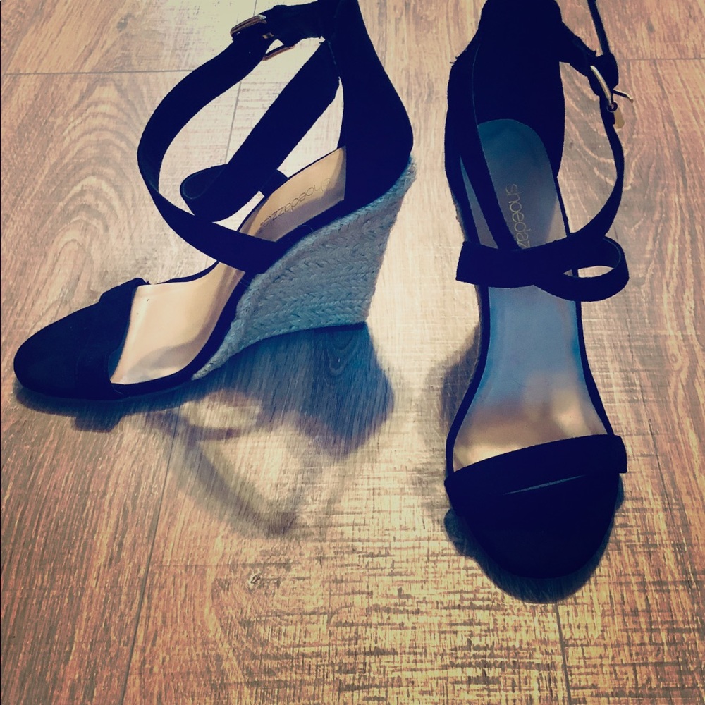 Black Strap Up Wedge Heel